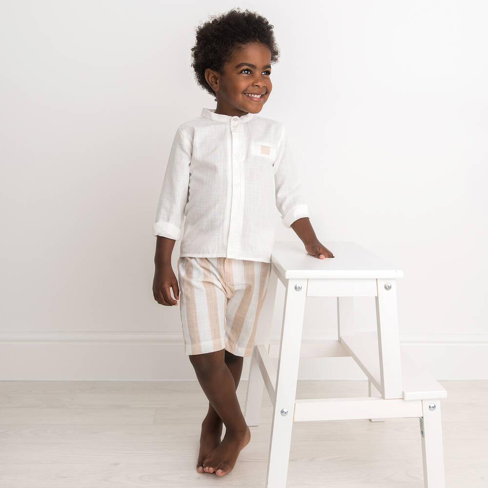 Caramelo Kids-طقم شورت قطن مقلّم لون بيج وعاجي للأولاد | Childrensalon Outlet