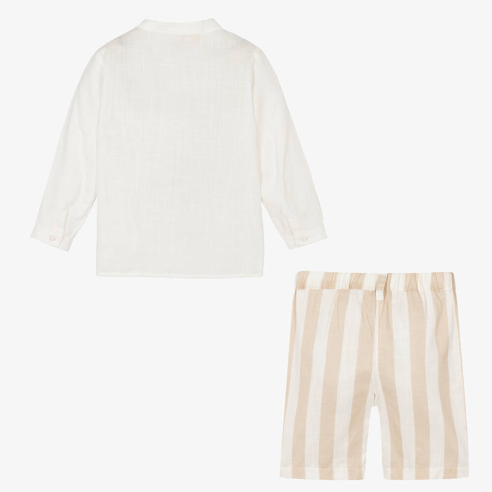 Caramelo Kids-طقم شورت قطن مقلّم لون بيج وعاجي للأولاد | Childrensalon Outlet