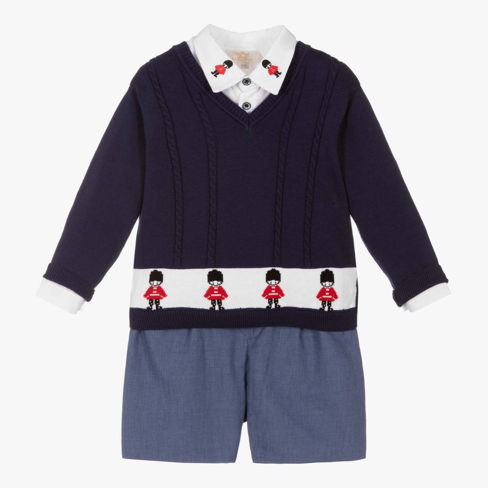 Caramelo Kids - Синий свитер с солдатиками, рубашка и шорты для мальчиков | Childrensalon