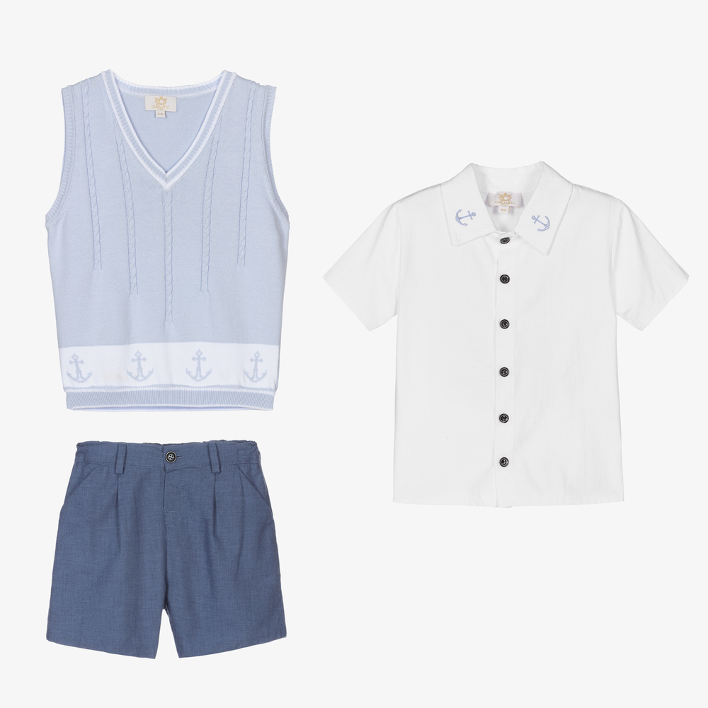 Caramelo Kids-طقم شورت قطن لون أزرق وأبيض للأولاد | Childrensalon Outlet