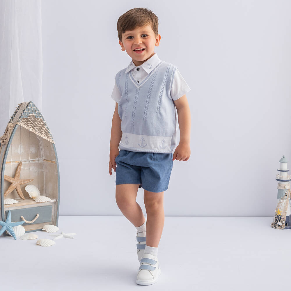 Caramelo Kids-طقم شورت قطن لون أزرق وأبيض للأولاد | Childrensalon Outlet