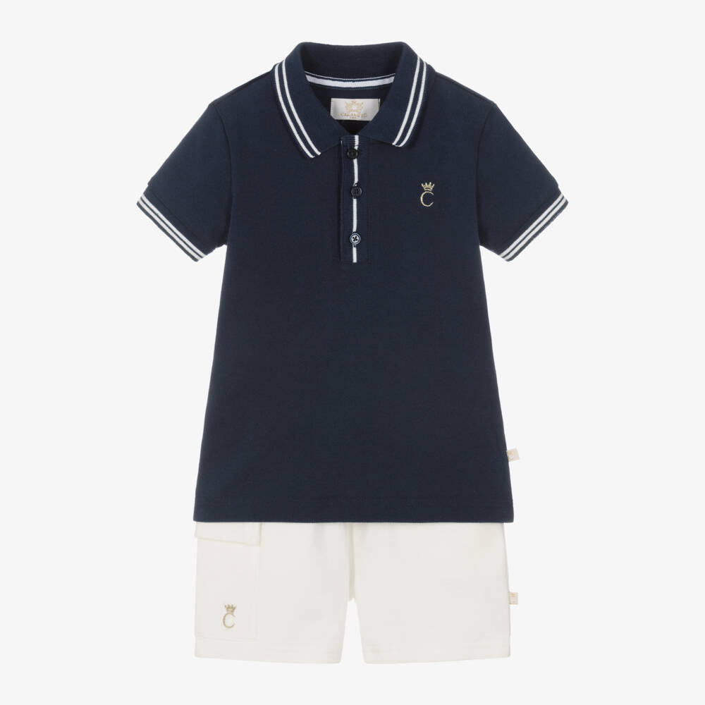 Caramelo Kids-Boys Elegant Blue & White Cotton Ensemble | Childrensalon Outlet