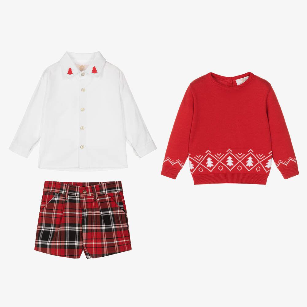 Caramelo Kids-Boys Festive Red Tartan Shorts Set | Childrensalon Outlet