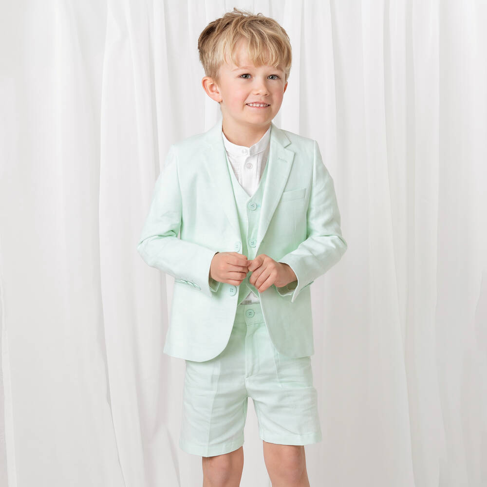 Caramelo Kids-Boys Green Linen & Cotton Shorts Suit | Childrensalon Outlet