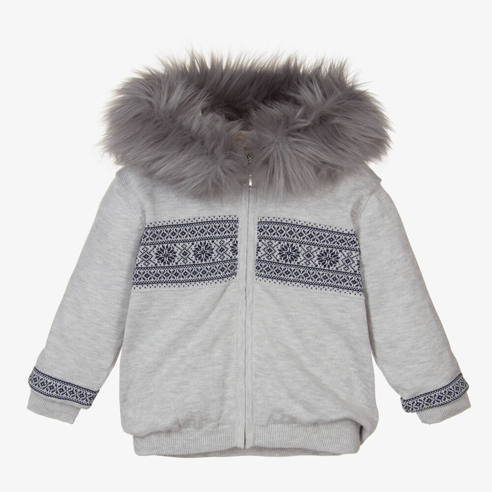 Caramelo Kids - Boys Grey Knitted Fair Isle Zip-Up Hoodie | Childrensalon