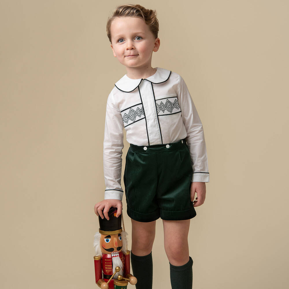 Caramelo Kids-Boys Ivory & Green Velvet Buster Suit | Childrensalon Outlet