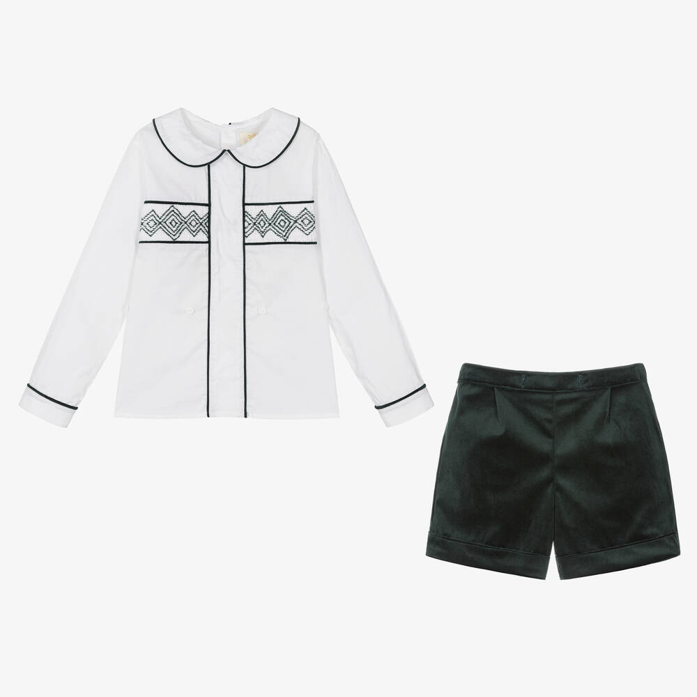 Caramelo Kids-Boys Ivory & Green Velvet Buster Suit | Childrensalon Outlet