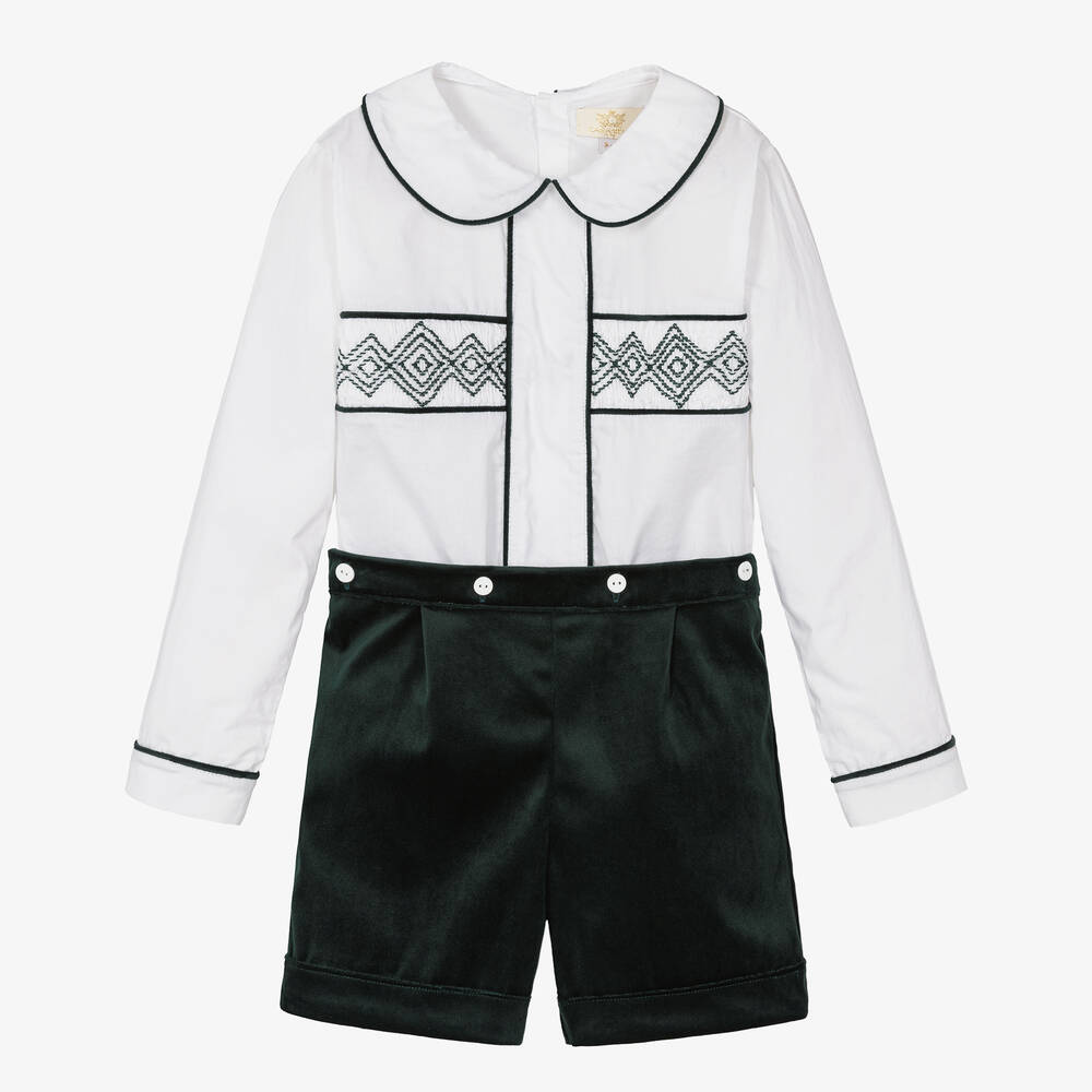 Caramelo Kids - Boys Ivory & Green Velvet Buster Suit | Childrensalon