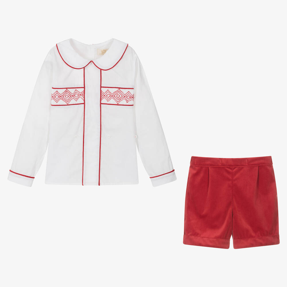 Caramelo Kids-Boys Ivory & Red Velvet Buster Suit | Childrensalon Outlet