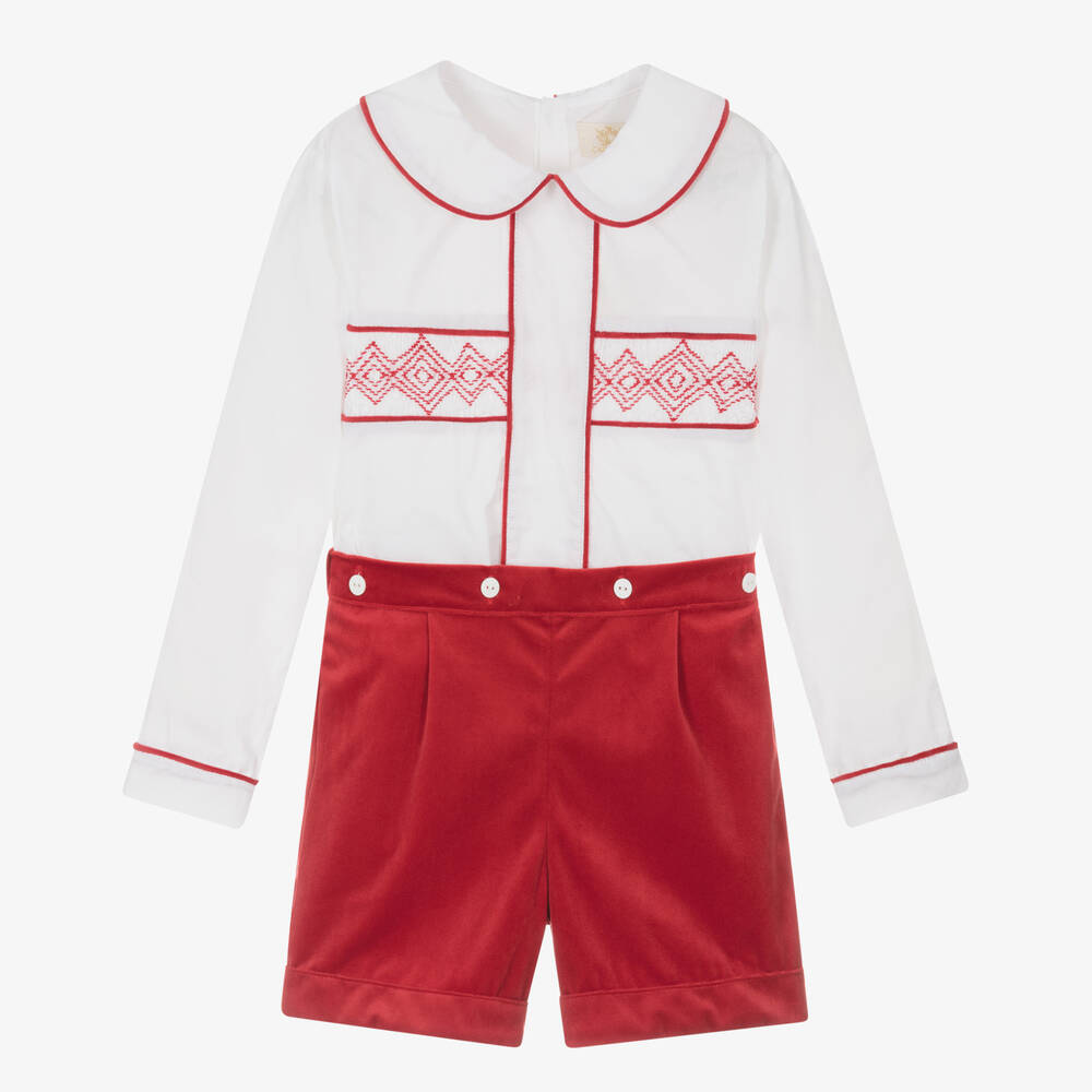 Caramelo Kids - Boys Ivory & Red Velvet Buster Suit | Childrensalon