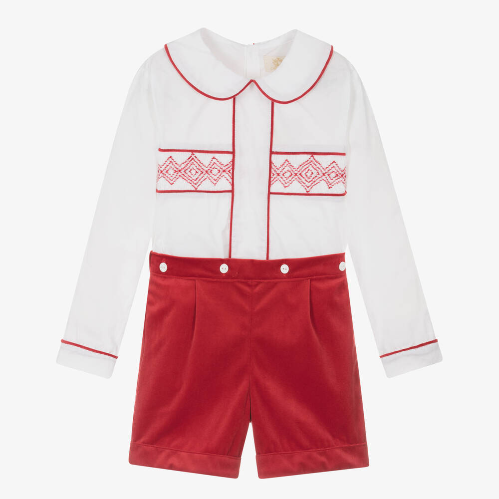 Caramelo Kids-Boys Ivory & Red Velvet Buster Suit | Childrensalon Outlet