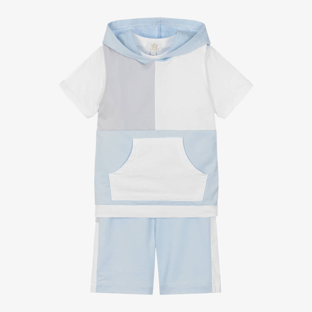 Caramelo Kids-Boys Pale Blue & White Colourblock Cotton Shorts Set | Childrensalon Outlet