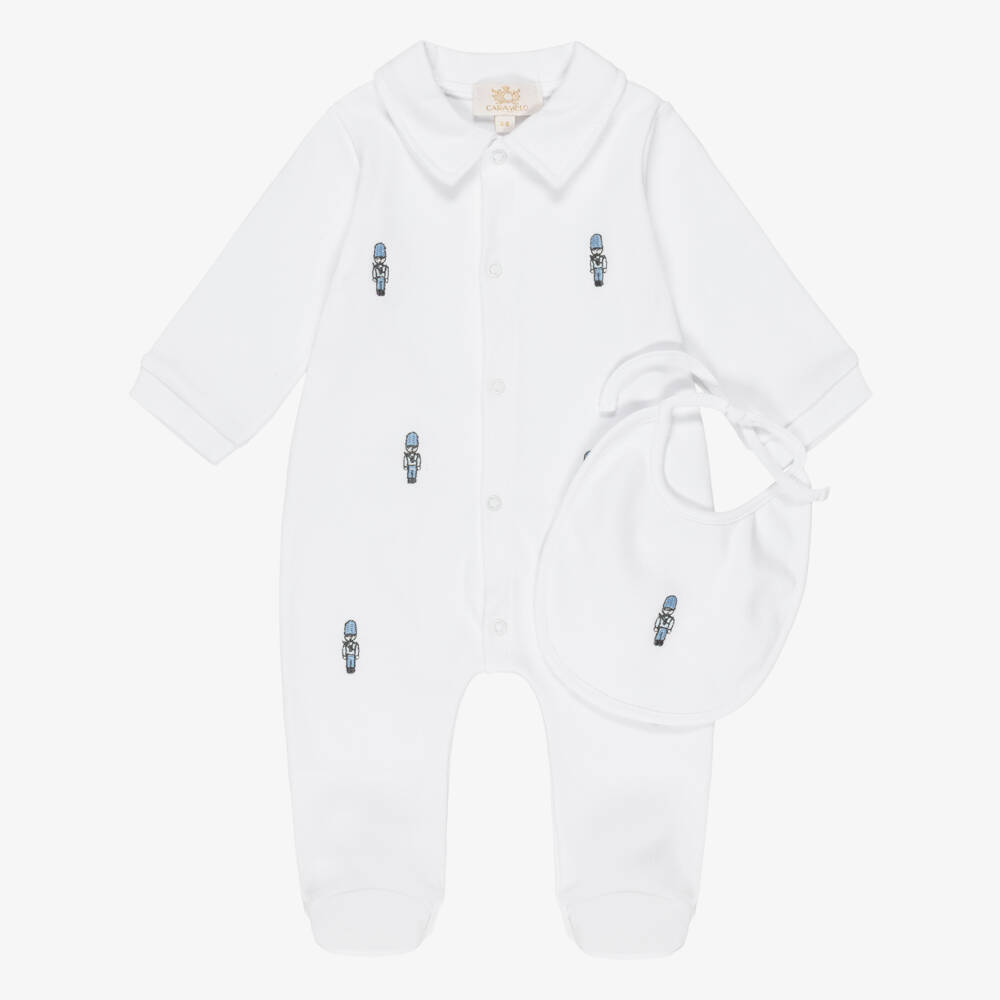 Caramelo Kids-Boys White Babygrow & Bib Set | Childrensalon Outlet