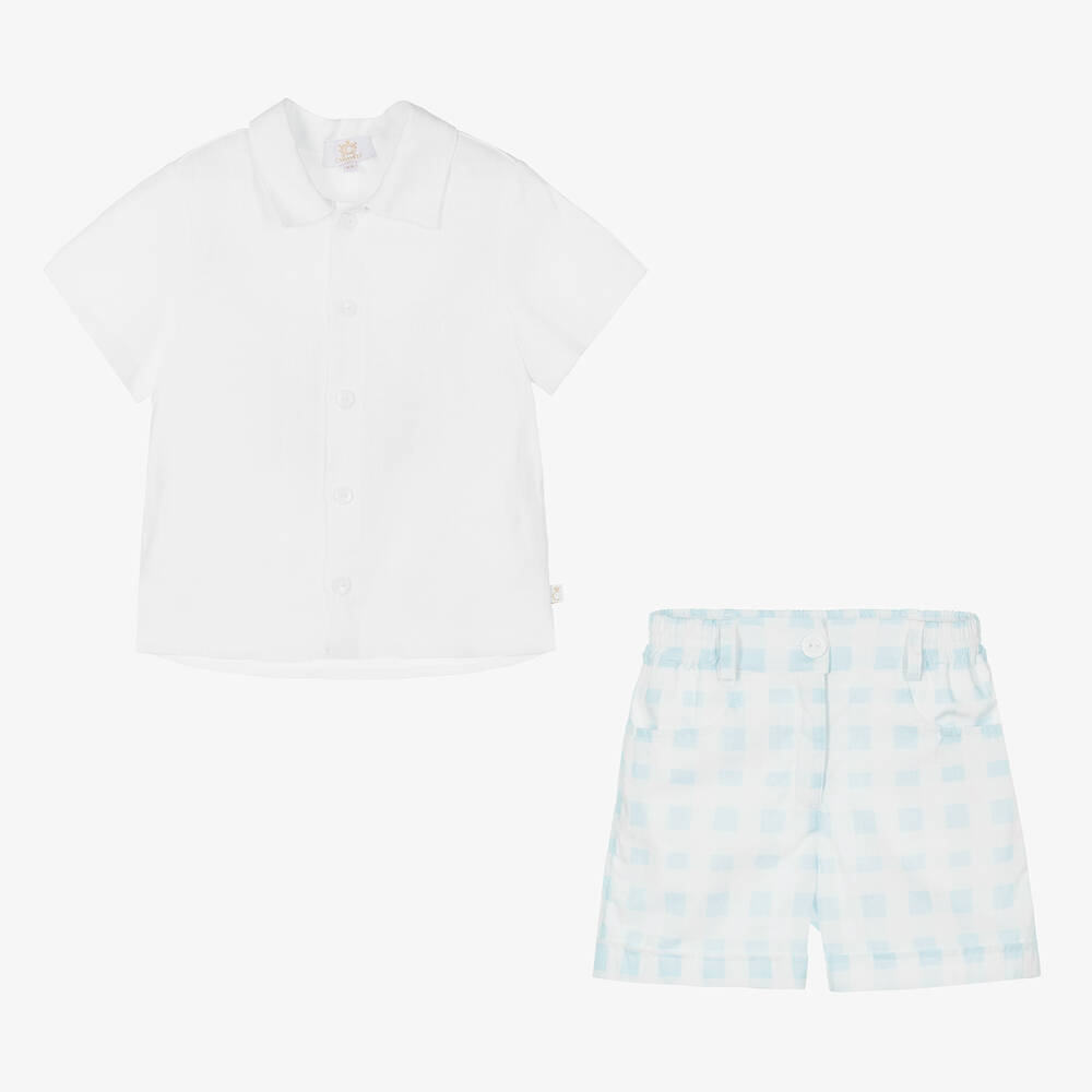 Caramelo Kids-Boys White & Blue Checked Shorts Set | Childrensalon Outlet