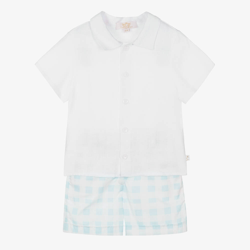 Caramelo Kids - Boys White & Blue Checked Shorts Set | Childrensalon