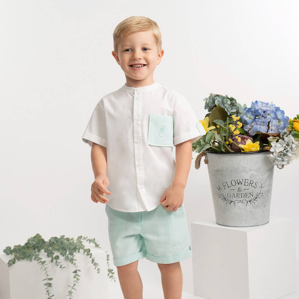 Caramelo Kids-Boys White & Pale Green Shorts Set | Childrensalon Outlet