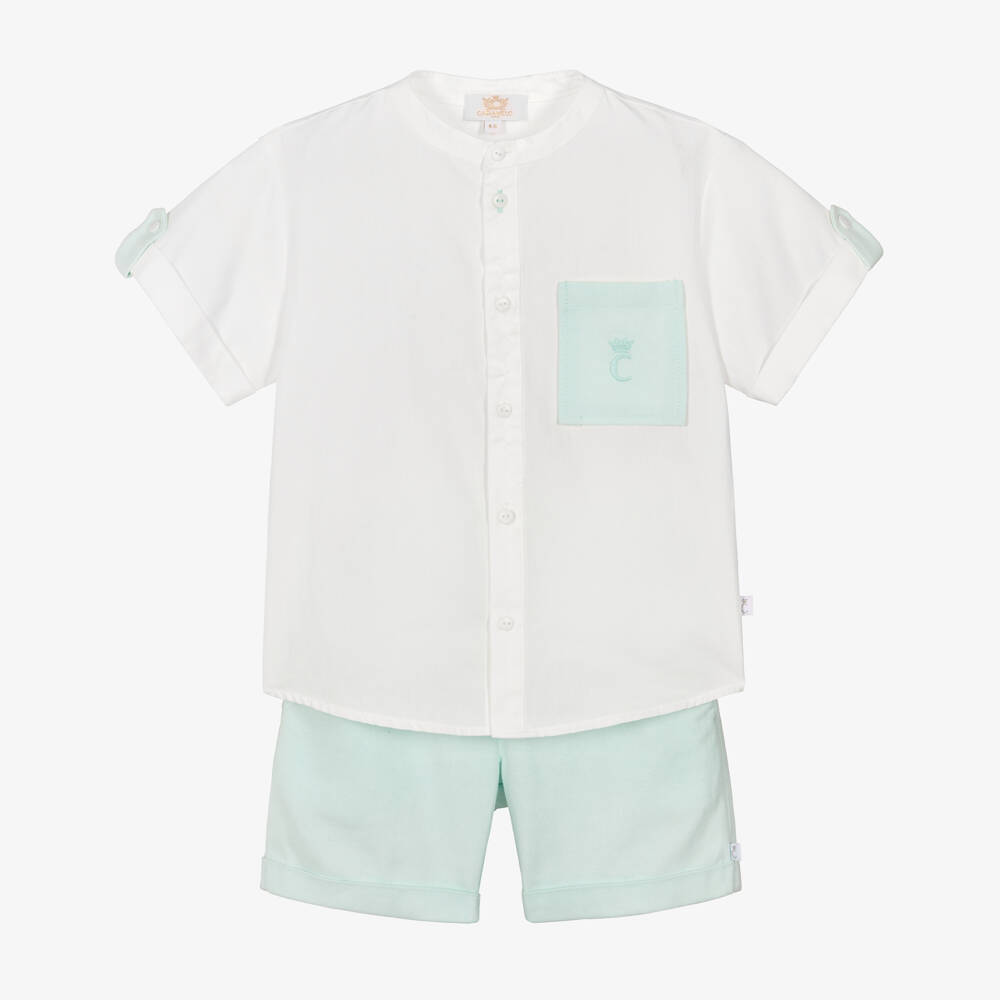 Caramelo Kids-Boys White & Pale Green Shorts Set | Childrensalon Outlet
