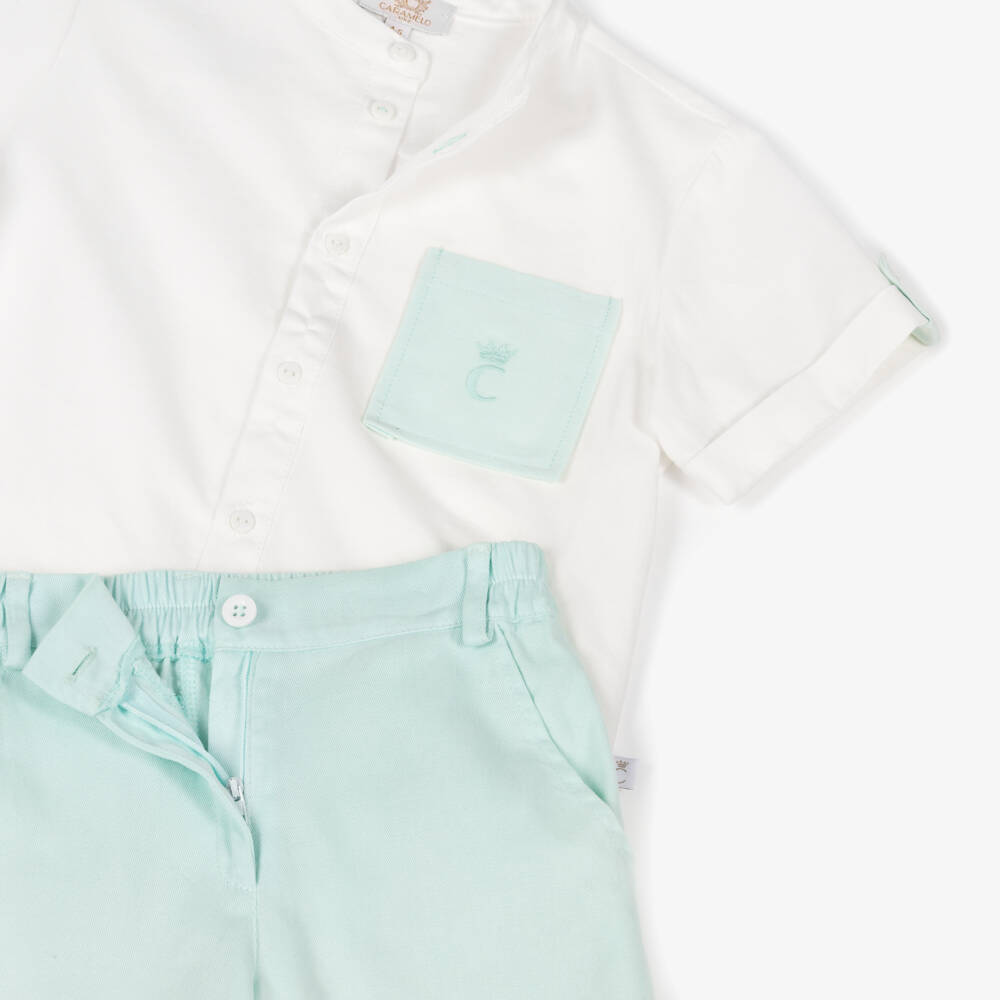 Caramelo Kids-Boys White & Pale Green Shorts Set | Childrensalon Outlet