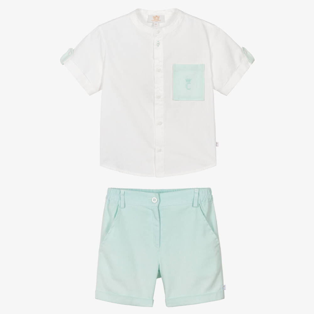 Caramelo Kids-Boys White & Pale Green Shorts Set | Childrensalon Outlet