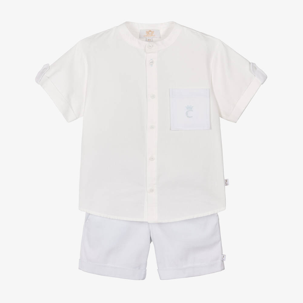 Caramelo Kids-Boys White Shirt & Pale Blue Shorts Set | Childrensalon Outlet