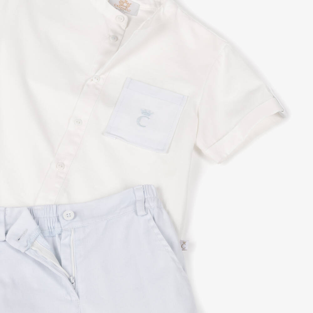 Caramelo Kids-Boys White Shirt & Pale Blue Shorts Set | Childrensalon Outlet