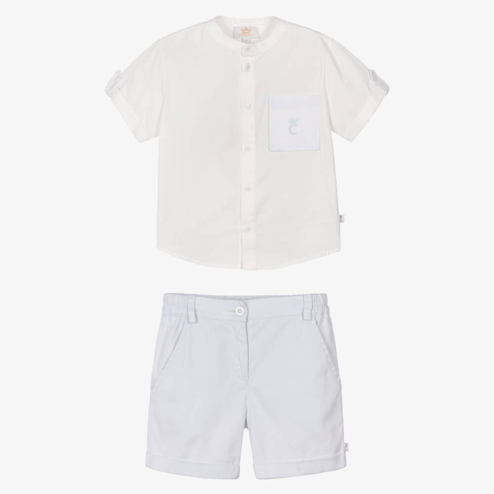 Caramelo Kids-Boys White Shirt & Pale Blue Shorts Set | Childrensalon Outlet