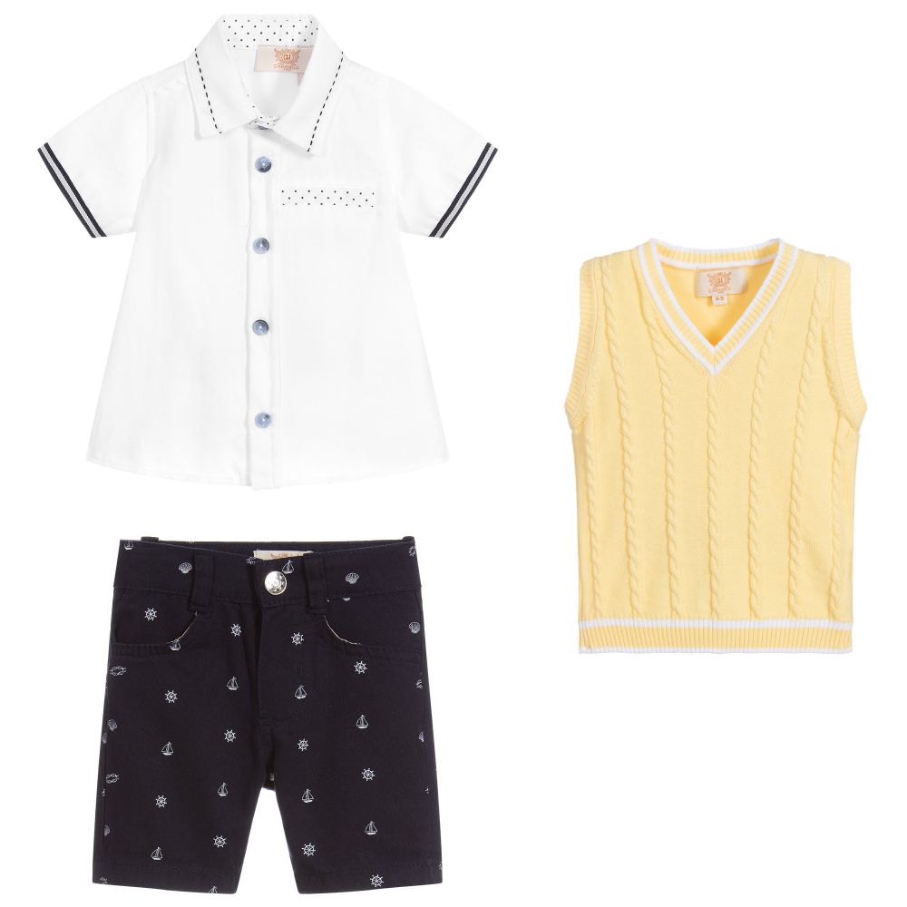 Caramelo Kids-طقم شورت 3 قطع قطن لون أصفر كحلي و أبيض للأولاد | Childrensalon Outlet