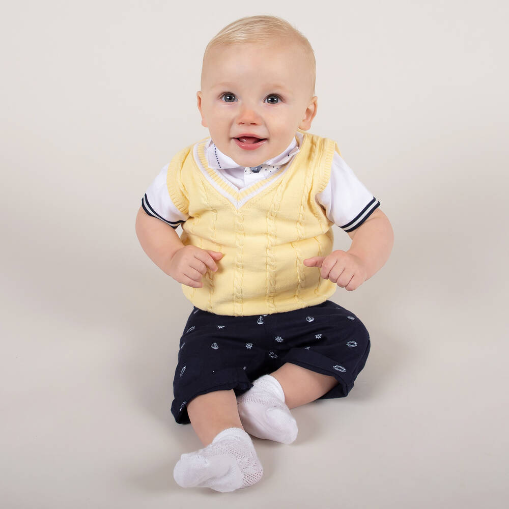 Caramelo Kids-طقم شورت 3 قطع قطن لون أصفر كحلي و أبيض للأولاد | Childrensalon Outlet