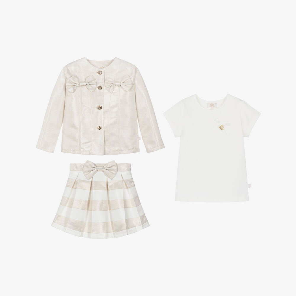 Caramelo Kids-Girls Beige & Gold Shimmer Pleated Skirt Set | Childrensalon Outlet