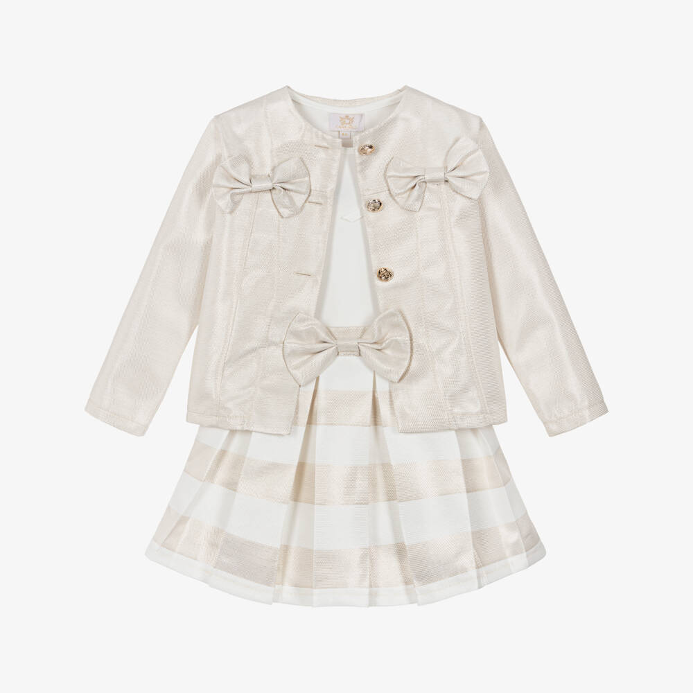 Caramelo Kids-Girls Beige & Gold Shimmer Pleated Skirt Set | Childrensalon Outlet