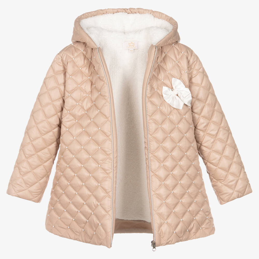 Caramelo Kids-Girls Beige Quilted Hooded Coat | Childrensalon Outlet