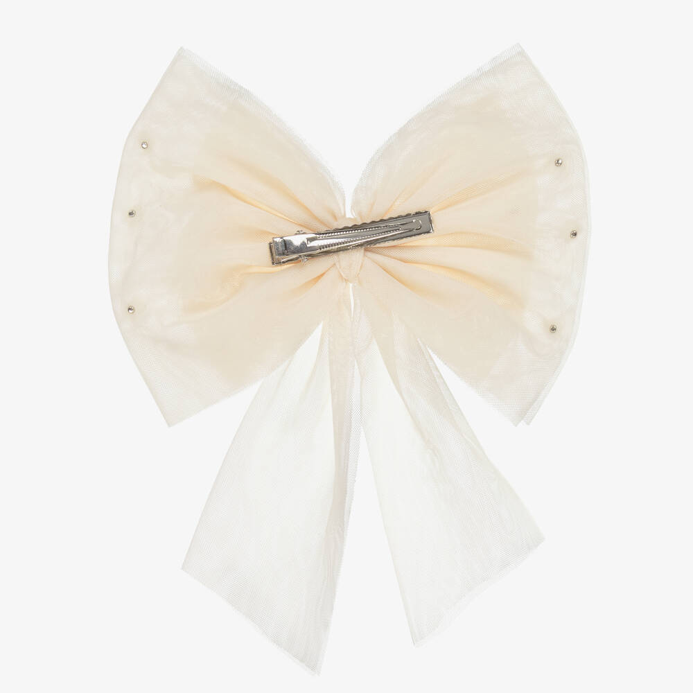 Caramelo Kids-Girls Beige Tulle Bow Hair Clip with Pearl Beads (17cm) | Childrensalon Outlet