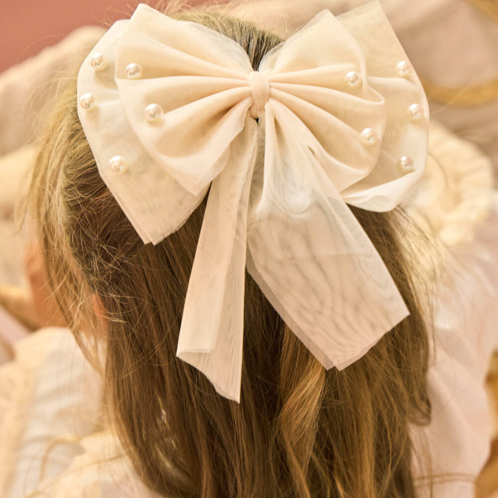Caramelo Kids-Girls Beige Tulle Bow Hair Clip with Pearl Beads (17cm) | Childrensalon Outlet