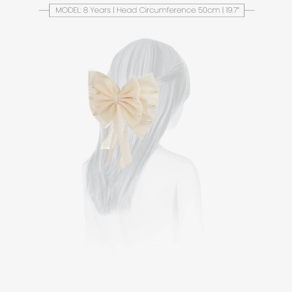 Caramelo Kids-Girls Beige Tulle Bow Hair Clip with Pearl Beads (17cm) | Childrensalon Outlet