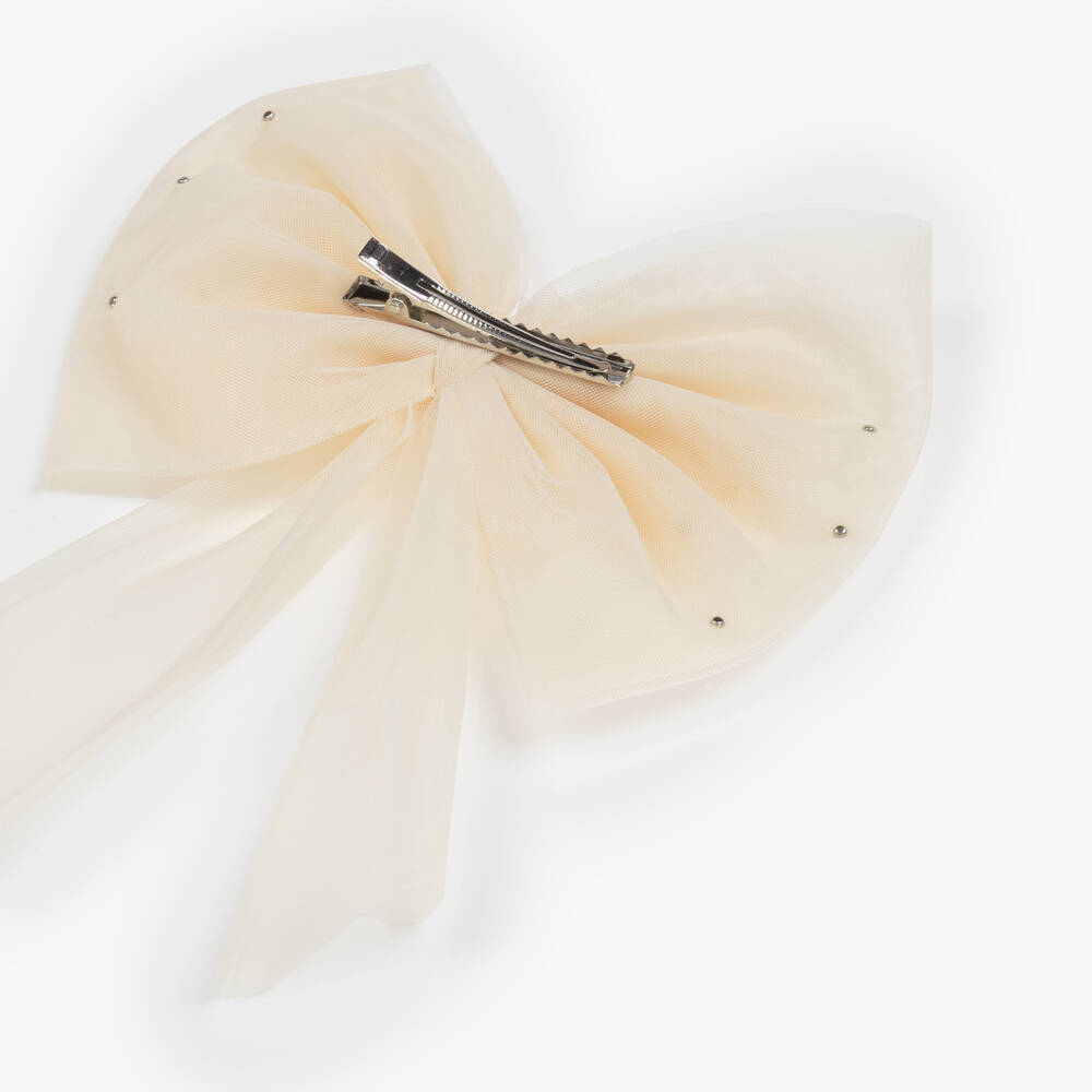 Caramelo Kids-Girls Beige Tulle Bow Hair Clip with Pearl Beads (17cm) | Childrensalon Outlet