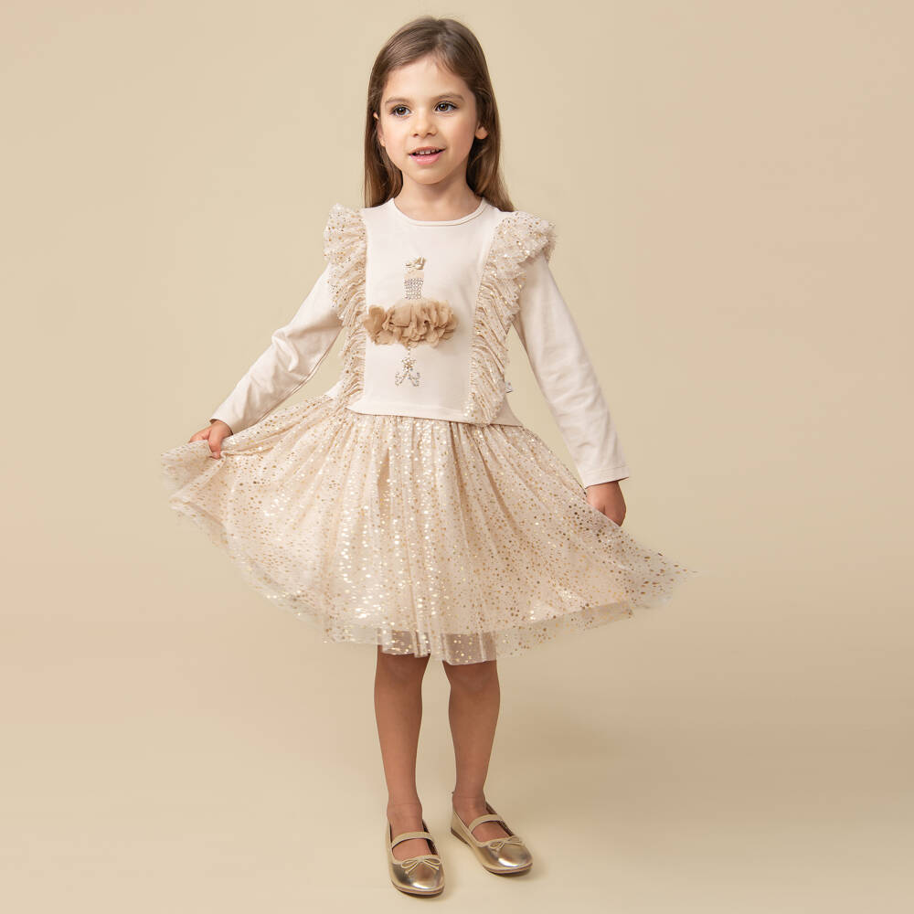 Caramelo Kids-Girls Beige Tulle & Jersey Dress | Childrensalon Outlet