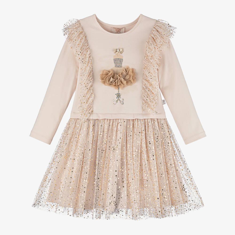 Caramelo Kids-Girls Beige Tulle & Jersey Dress | Childrensalon Outlet