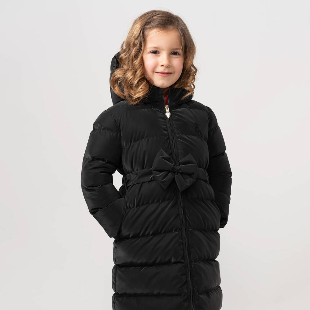 Caramelo Kids-Girls Black Bow Puffer Coat | Childrensalon Outlet