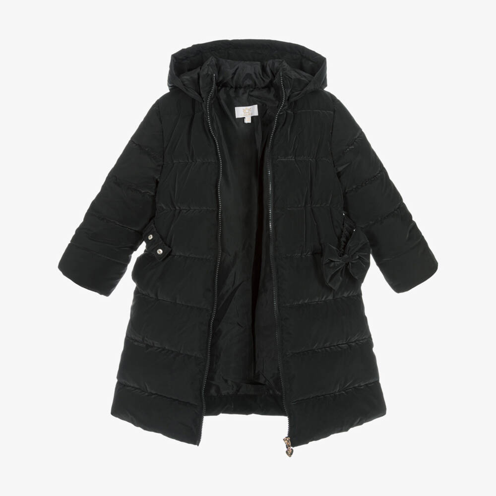 Caramelo Kids-Girls Black Bow Puffer Coat | Childrensalon Outlet