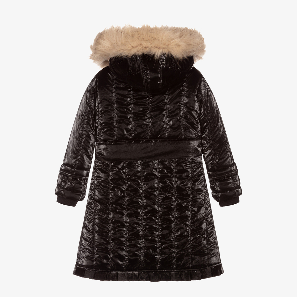 Caramelo Kids-Girls Black Fur Trimmed Coat | Childrensalon Outlet