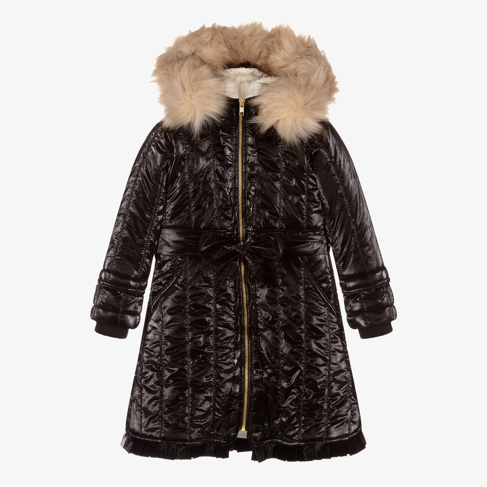 Caramelo Kids - Girls Black Fur Trimmed Coat | Childrensalon