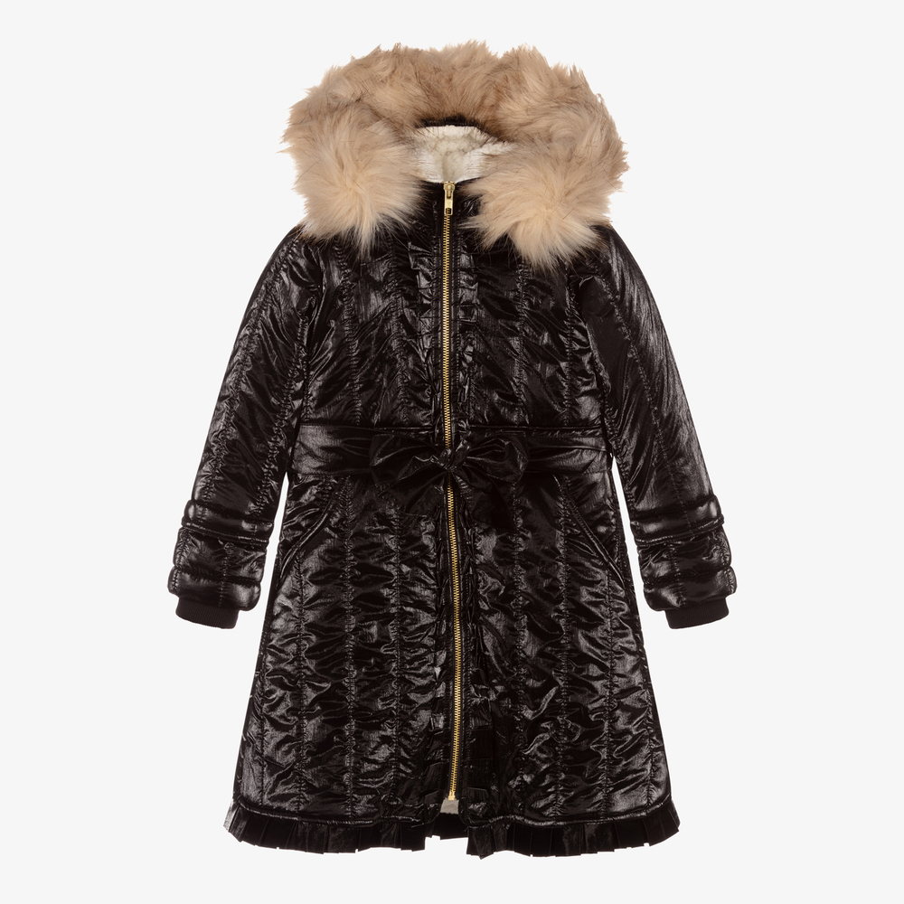 Caramelo Kids - Manteau noir bordure fourrure Fille | Childrensalon