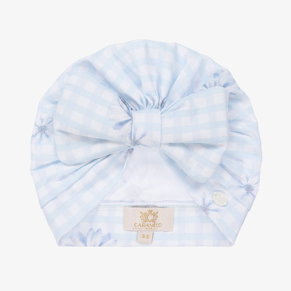 Caramelo Kids - Girls Blue Checked Cotton Turban | Childrensalon