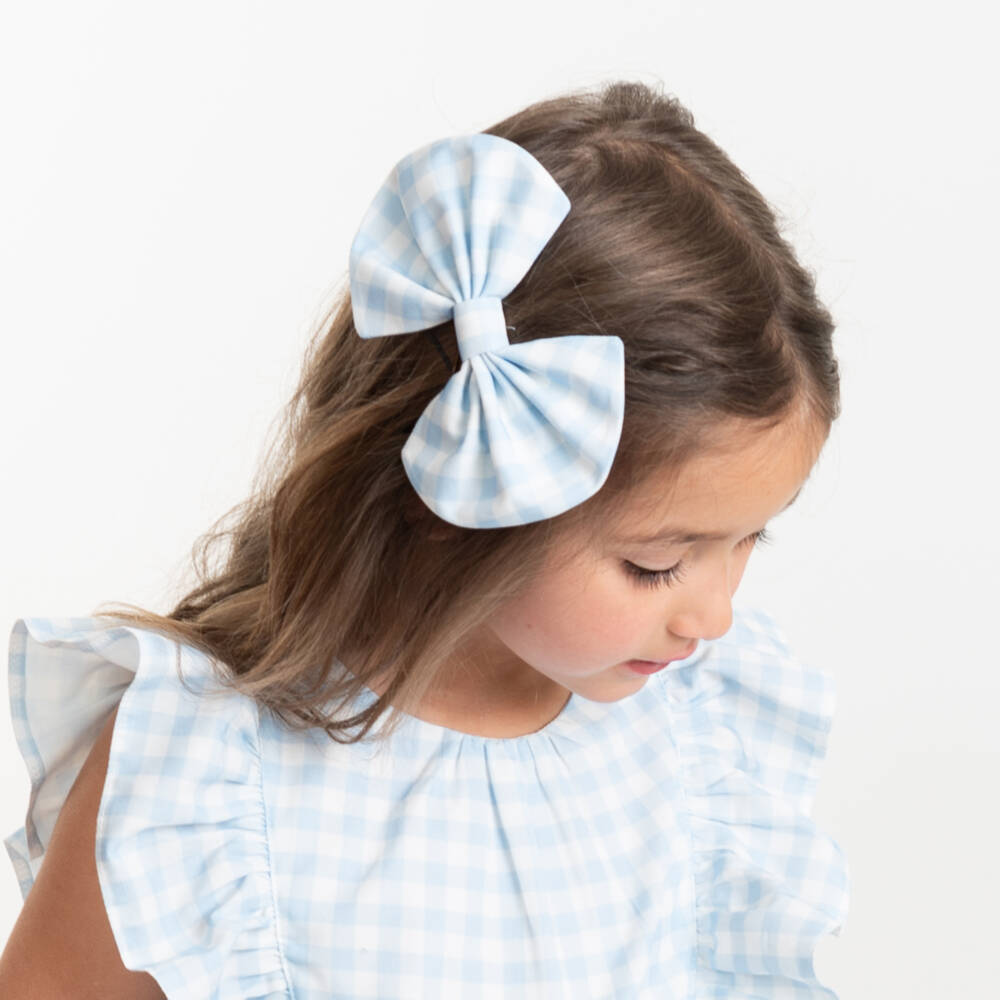 Caramelo Kids-Girls Blue Checkered Bow Clip | Childrensalon Outlet