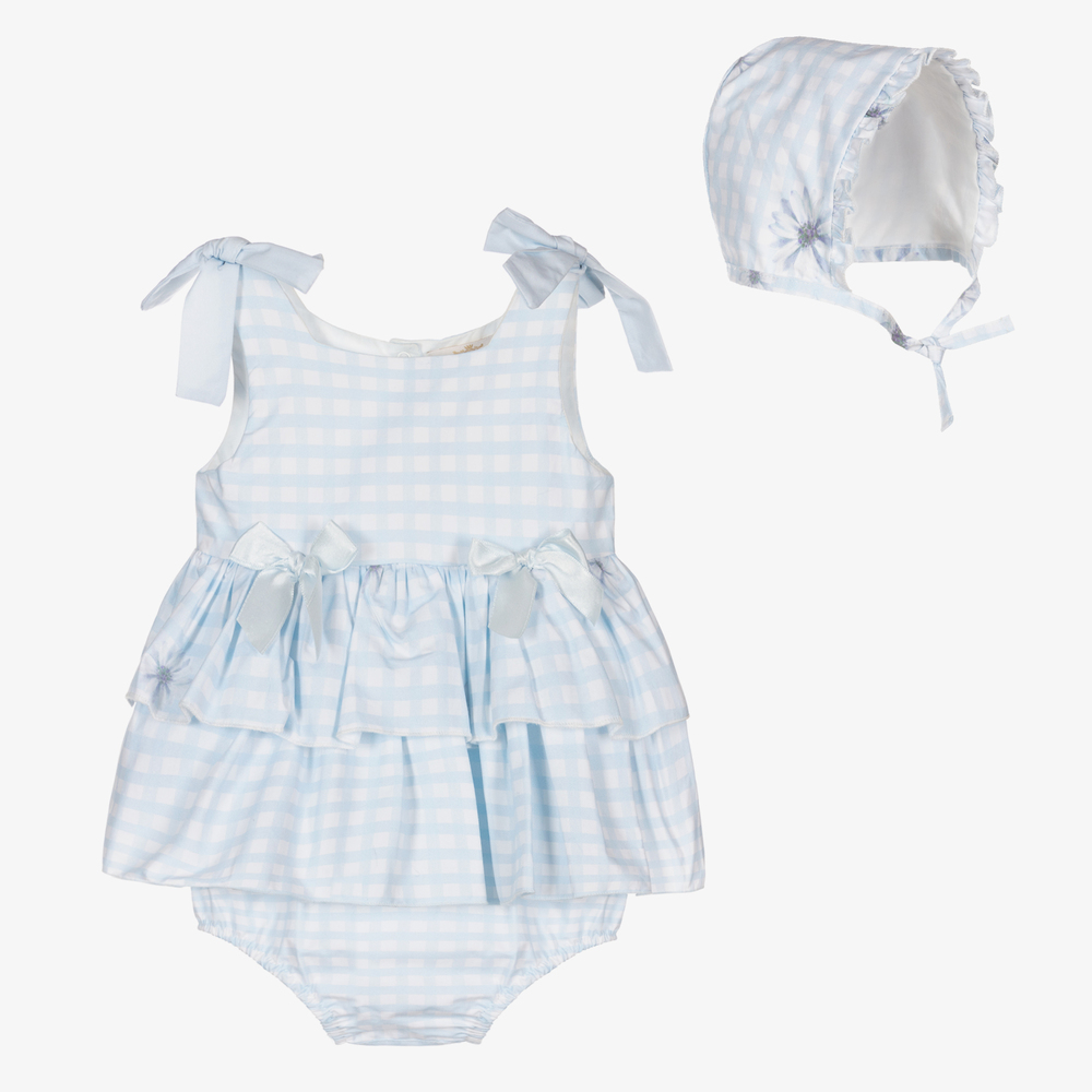 Caramelo Kids - Голубое платье в мелкую клетку и чепчик для малышек | Childrensalon
