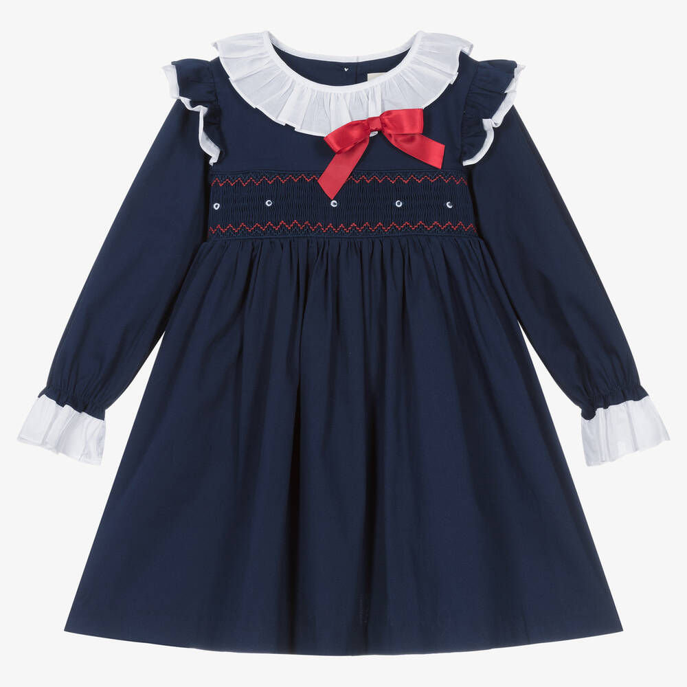 Caramelo Kids - Girls Blue Smocked & Ruffled Cotton Dress | Childrensalon