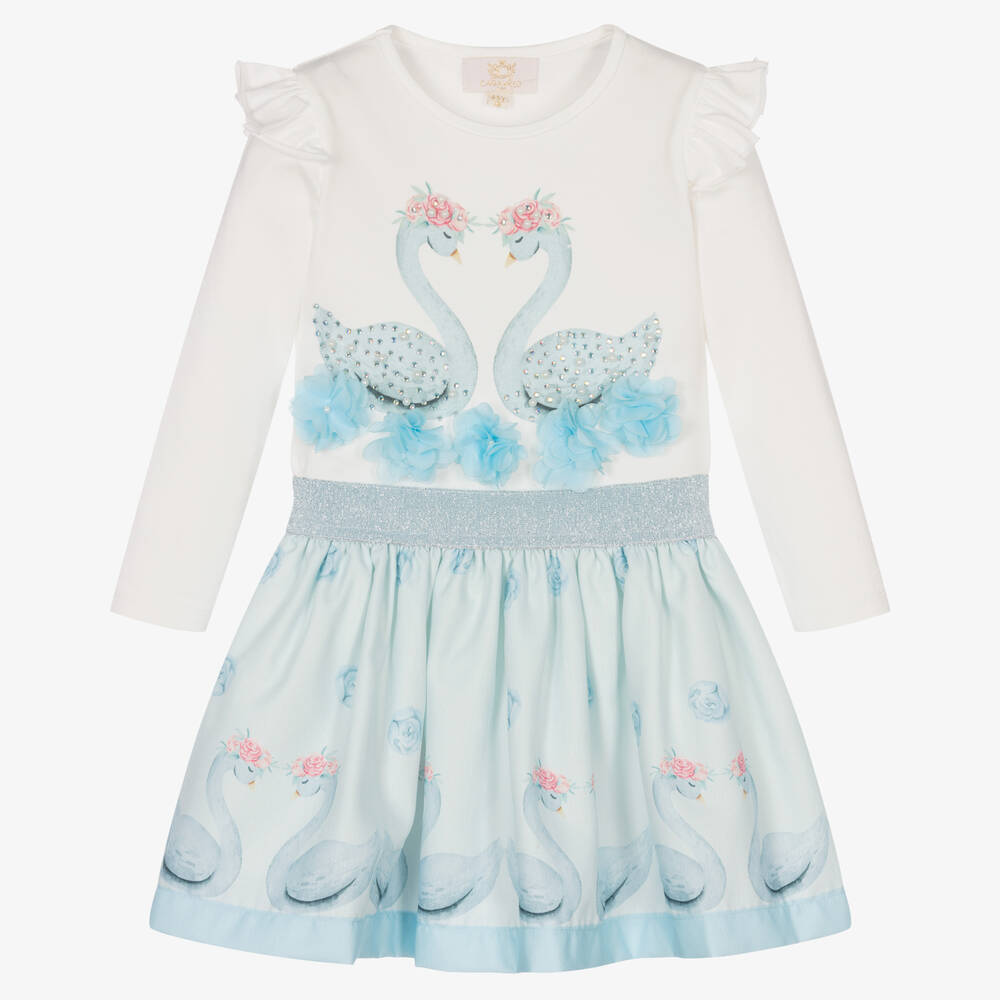 Caramelo Kids - Топ с лебедями и голубая юбка для девочек  | Childrensalon