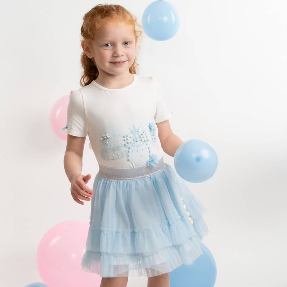 Caramelo Kids-Girls Blue Tulle Skirt Set with Frills, Pearls & Diamantés | Childrensalon Outlet
