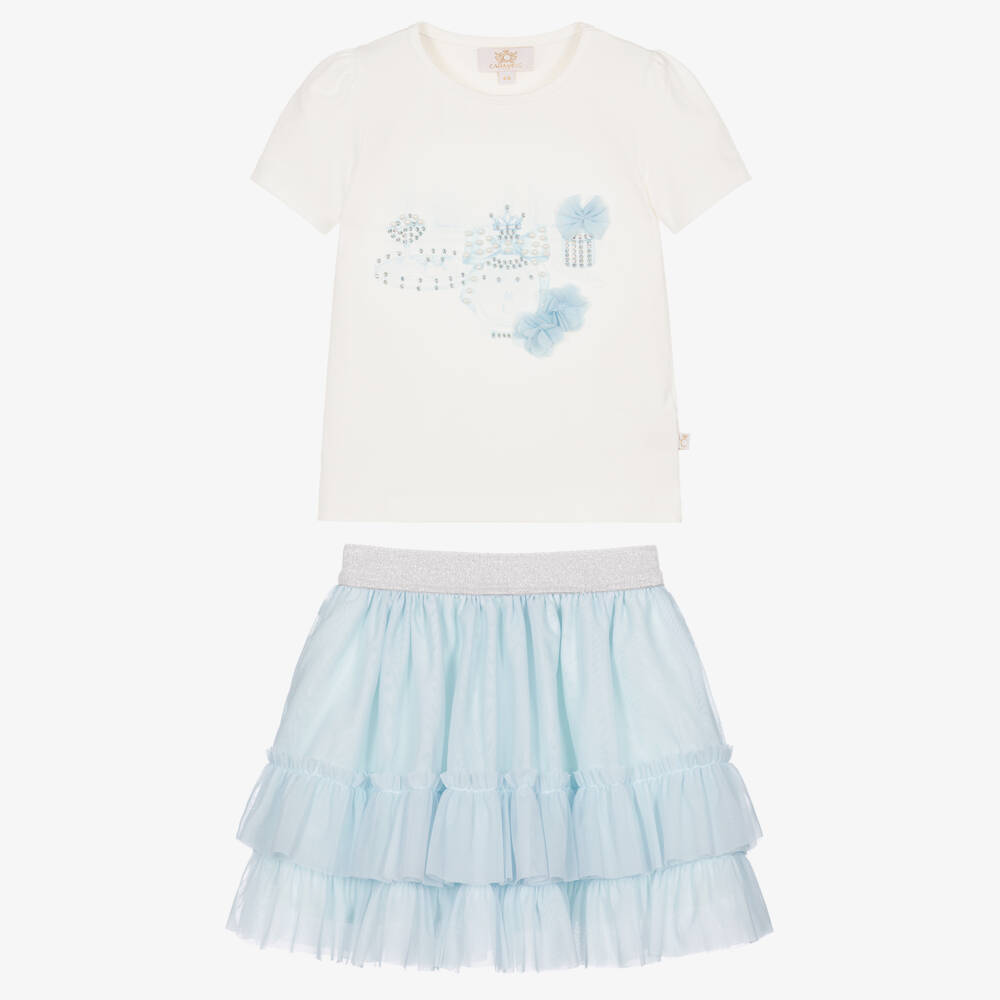 Caramelo Kids-Girls Blue Tulle Skirt Set with Frills, Pearls & Diamantés | Childrensalon Outlet