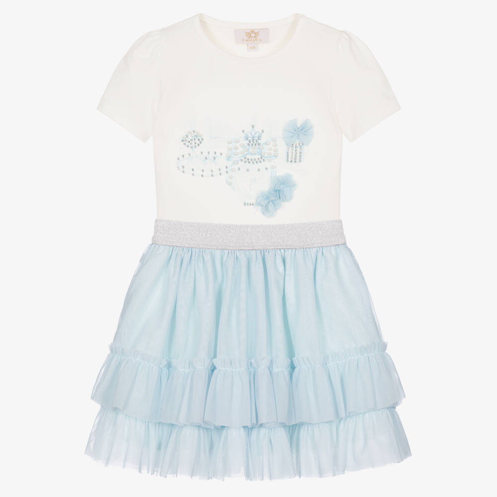 Caramelo Kids-Girls Blue Tulle Skirt Set with Frills, Pearls & Diamantés | Childrensalon Outlet